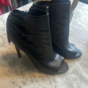 Black Leather Peep-Toe Ankle Boots